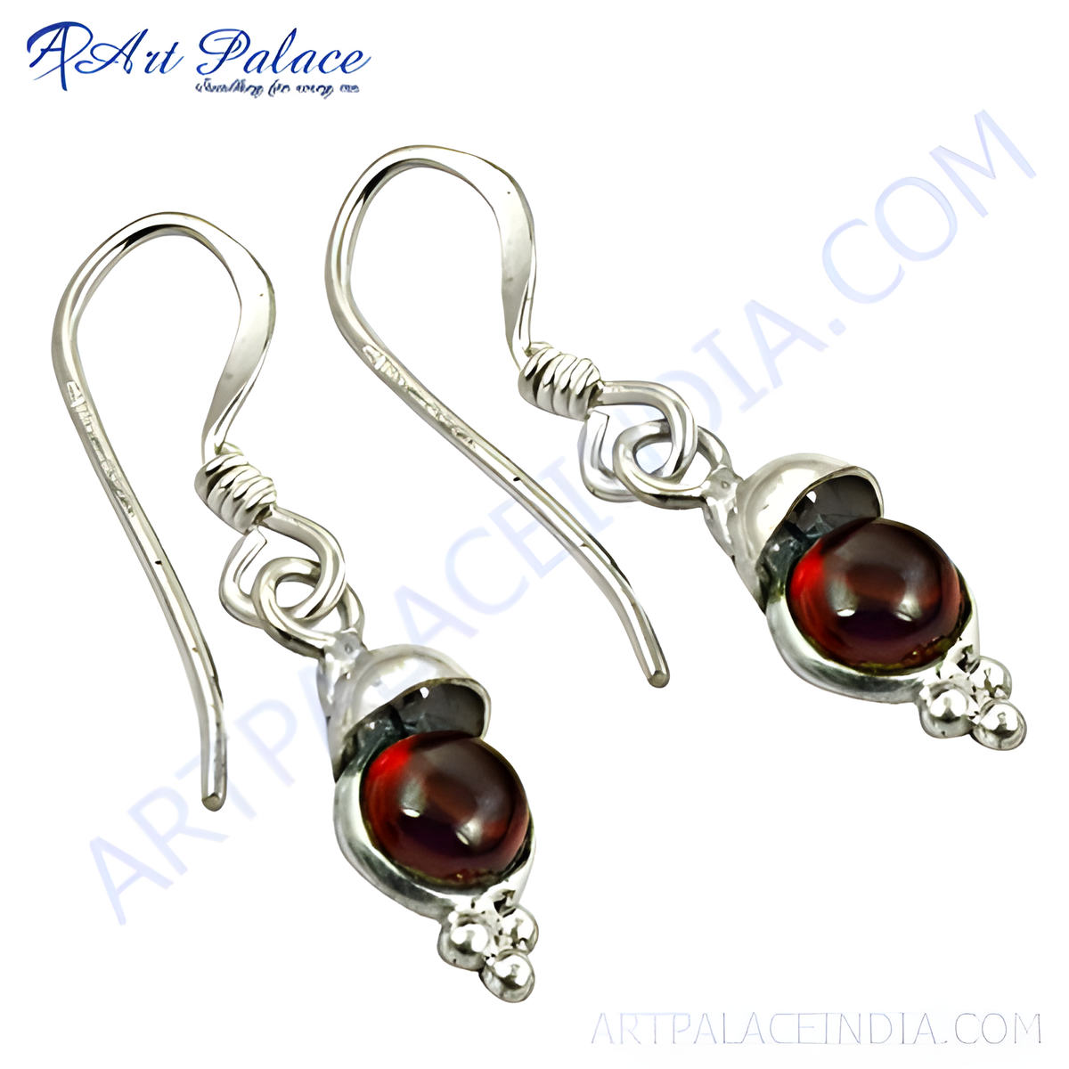 Sterling silver drop earrings with a red garnet gemstone and a unique design, perfect for women's jewelry