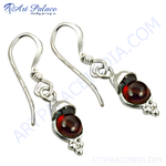 Load image into Gallery viewer, Sterling silver drop earrings with a red garnet gemstone and a unique design, perfect for women's jewelry.

