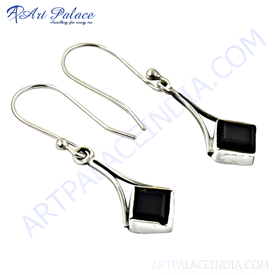 925 sterling silver drop earrings with square black onyx gemstones.