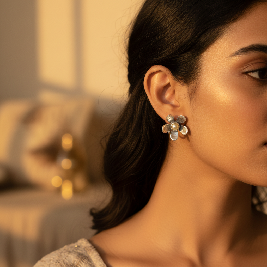 925 Silver Flower Drop Earrings with Pearl | Women's Jewelry