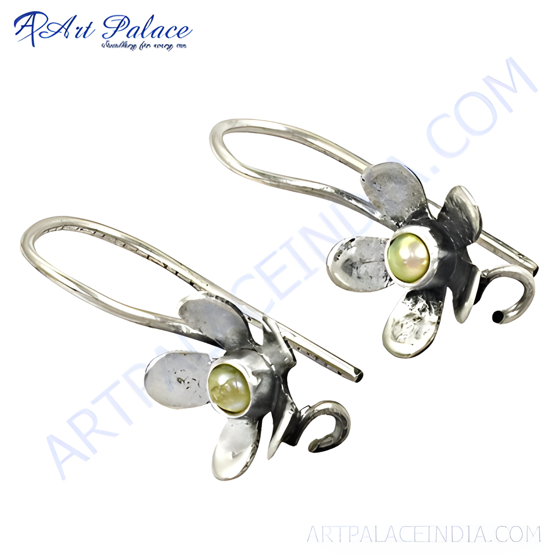 925 silver flower drop earrings with a central pearl gemstone, featuring a delicate floral design