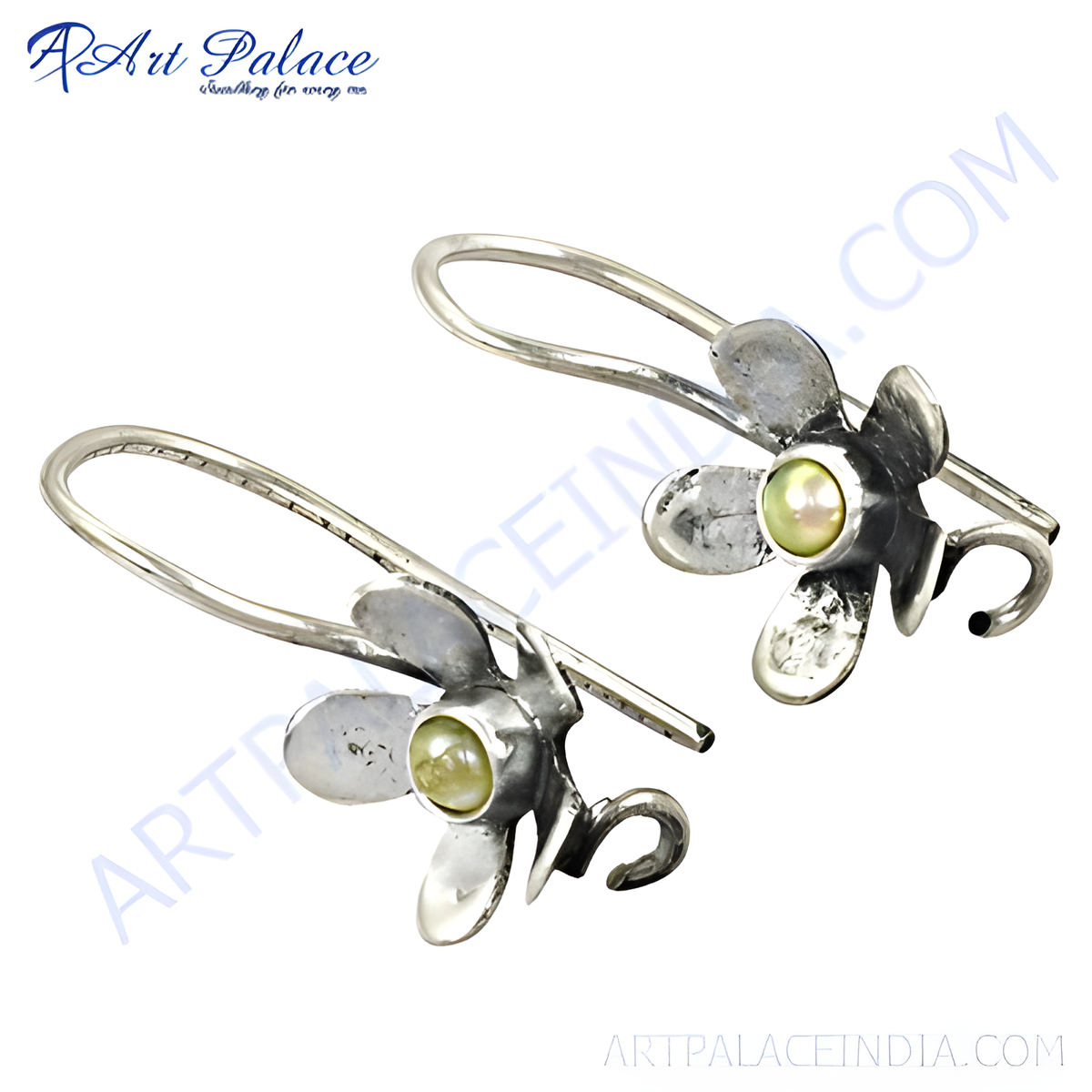 925 silver flower drop earrings with a central pearl gemstone, featuring a delicate floral design