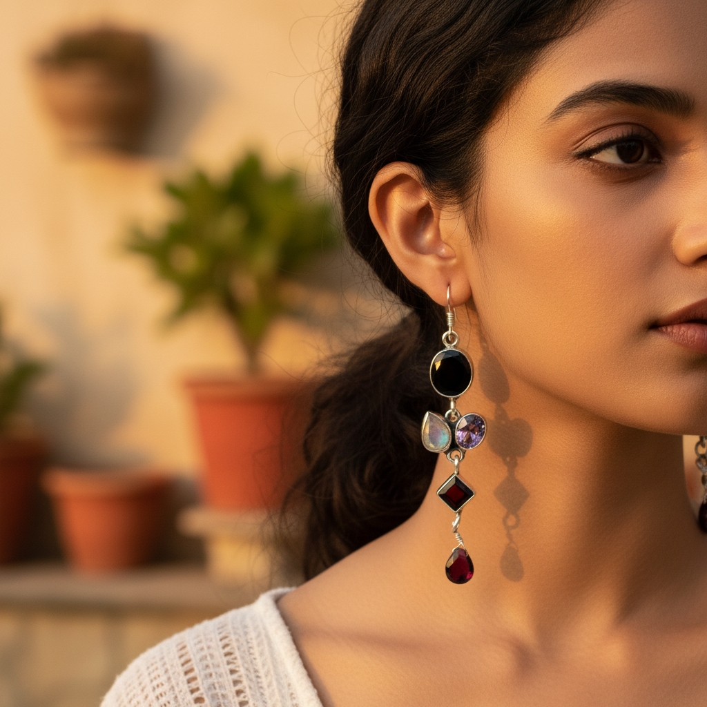 925 Silver Multi-Gemstone Dangle Earrings for Women | Gift