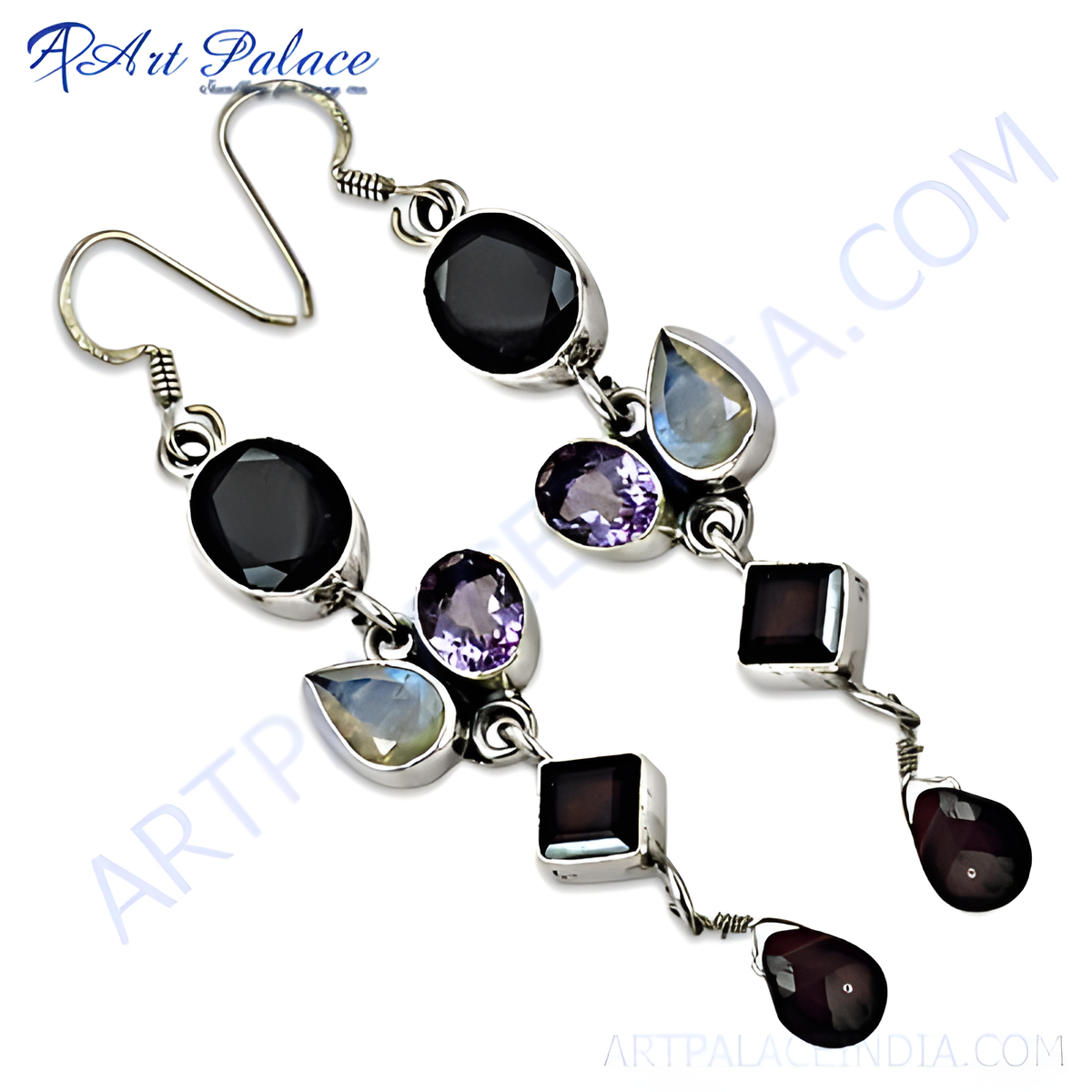 Sterling silver dangle earrings featuring black onyx, amethyst, moonstone, and garnet gemstones