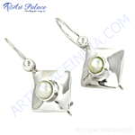 Load image into Gallery viewer, Sterling silver dangle earrings with white pearl and elegant design for women
