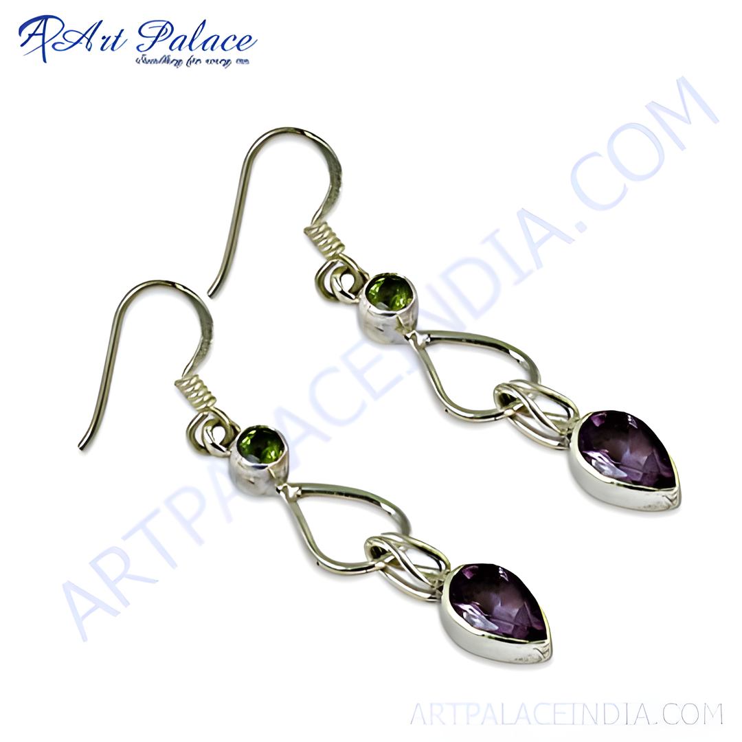 925 sterling silver drop earrings with green peridot and purple amethyst gemstones