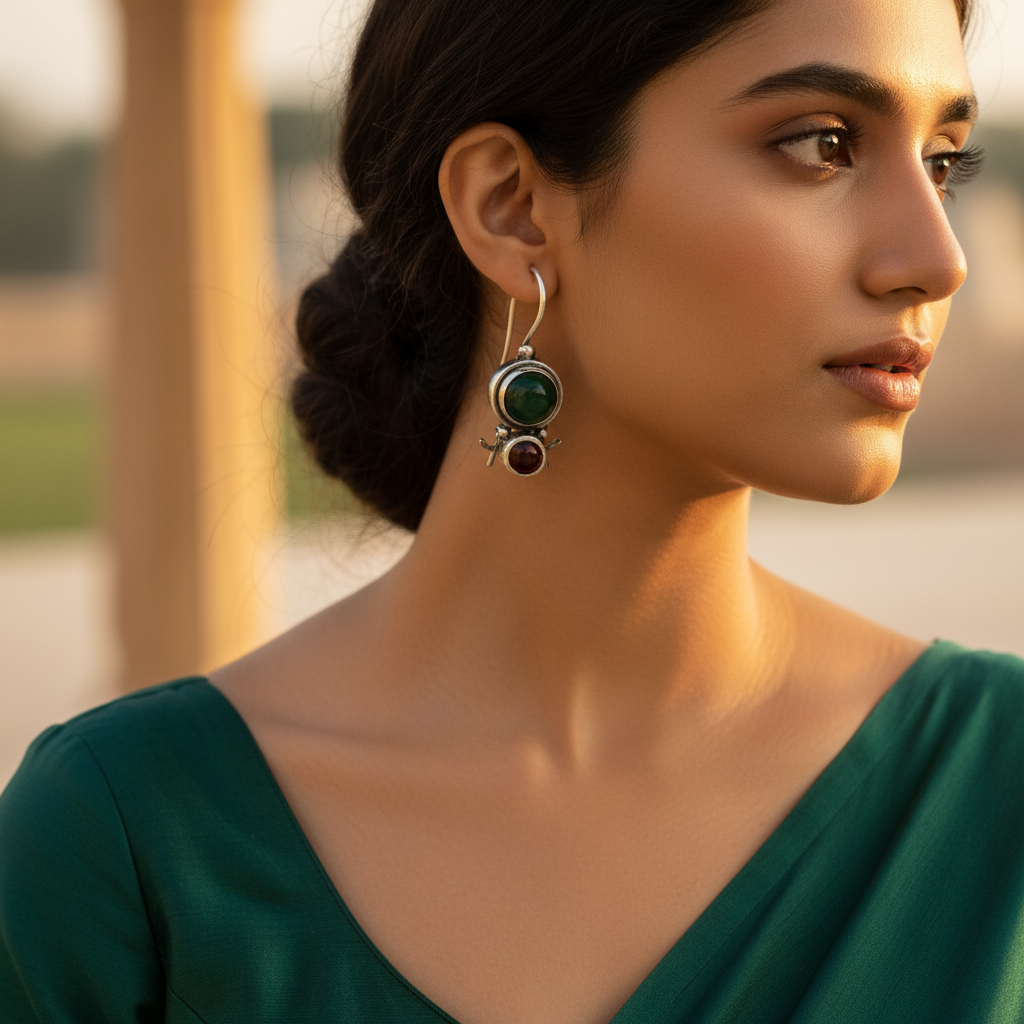 925 Silver Green & Red Gemstone Earrings for Women