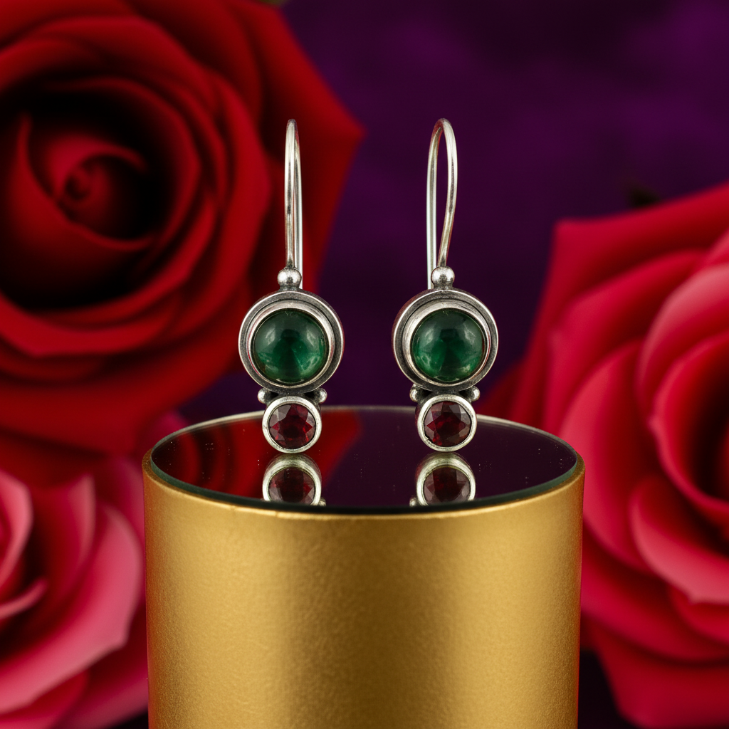 925 silver green & red gemstone earrings for women
