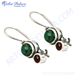 Load image into Gallery viewer, Sterling silver dangle earrings with green and red gemstones, perfect for any occasion.
