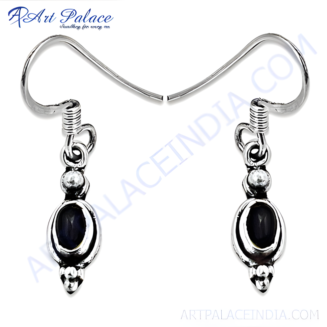 925 sterling silver drop earrings with an oval black gemstone in the center, perfect for daily wear.