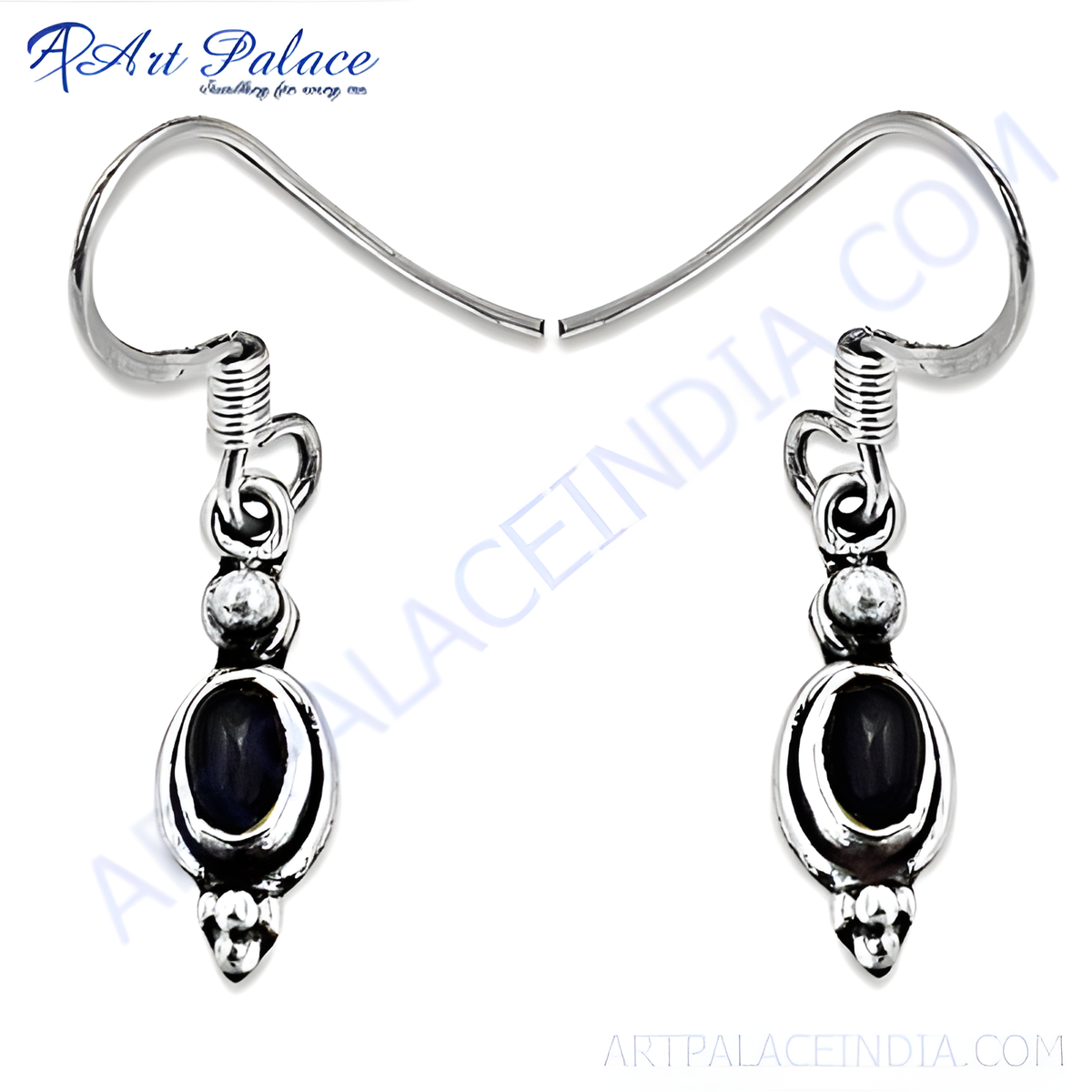 925 sterling silver drop earrings with an oval black gemstone in the center, perfect for daily wear