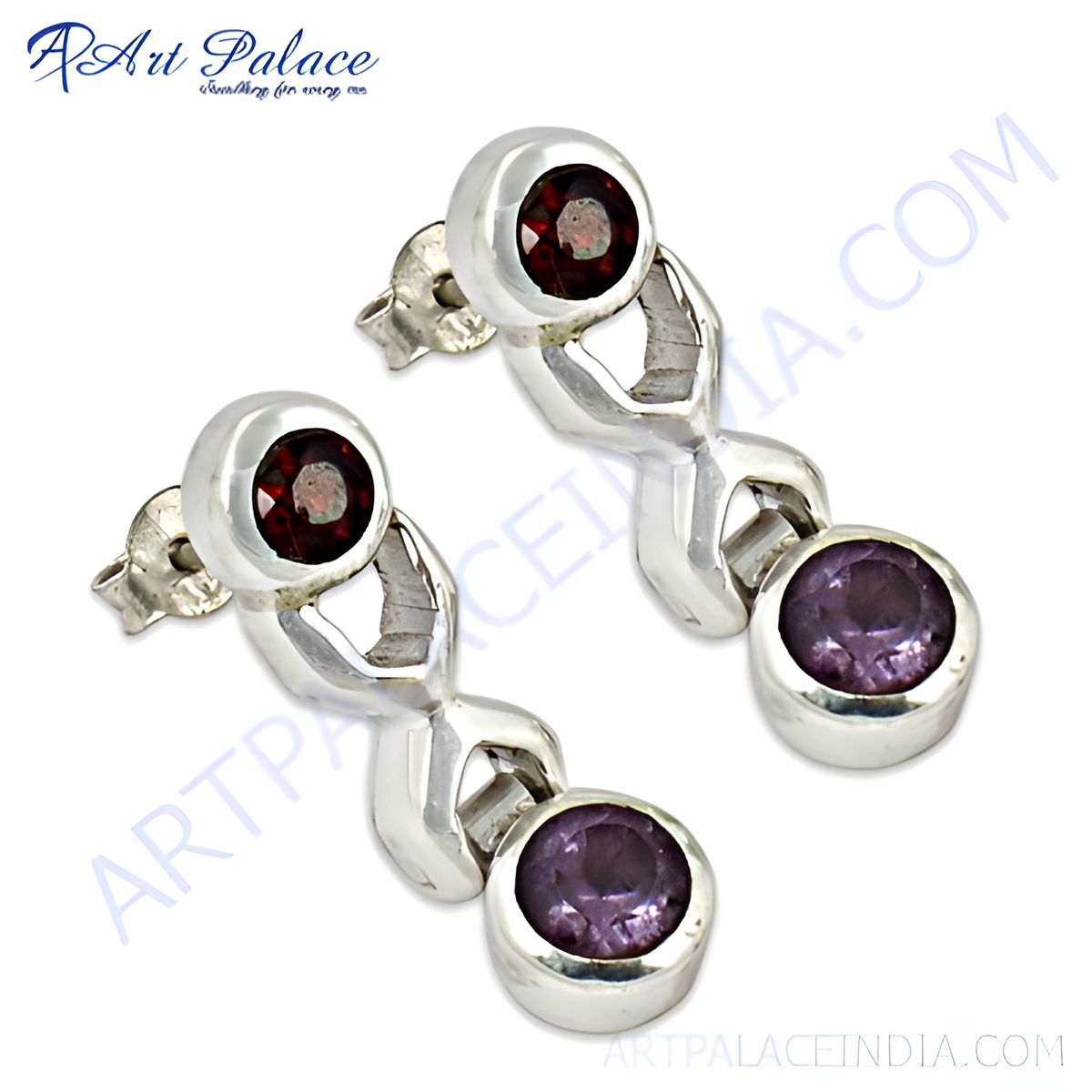 Sterling silver drop earrings featuring garnet at the post and amethyst at the drop, showcasing a classic design