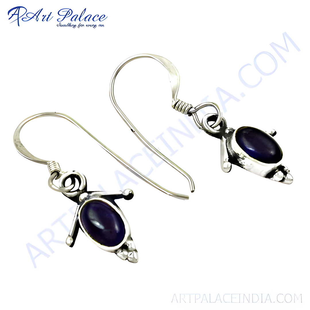 925 sterling silver dangle earrings with oval lapis lazuli gemstones, blue color.