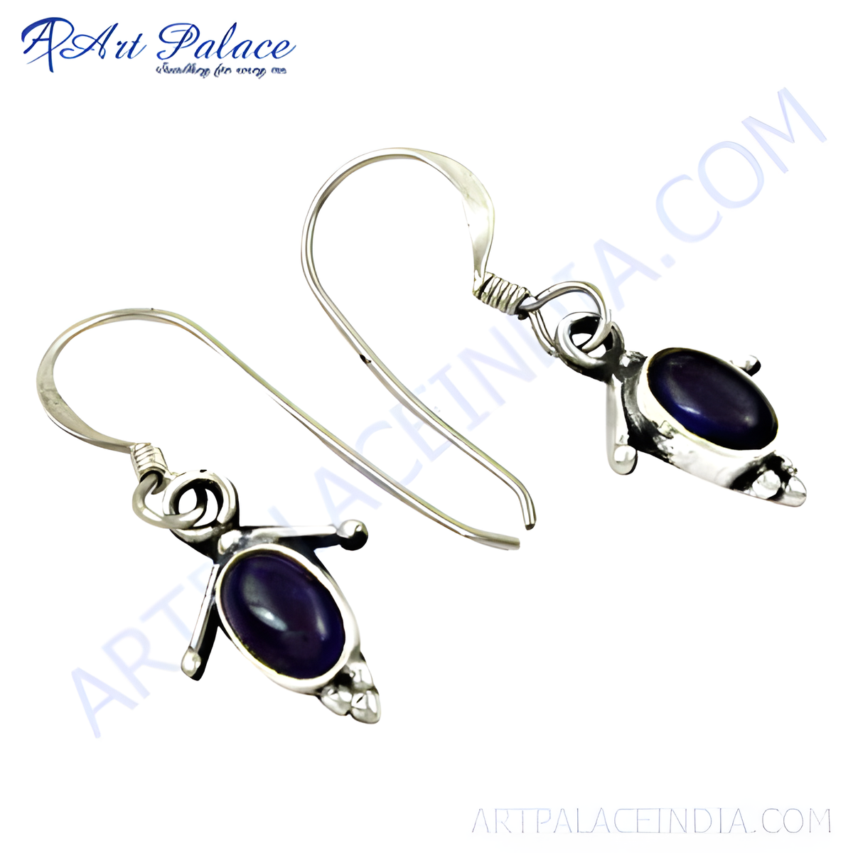 925 sterling silver dangle earrings with oval lapis lazuli gemstones, blue color