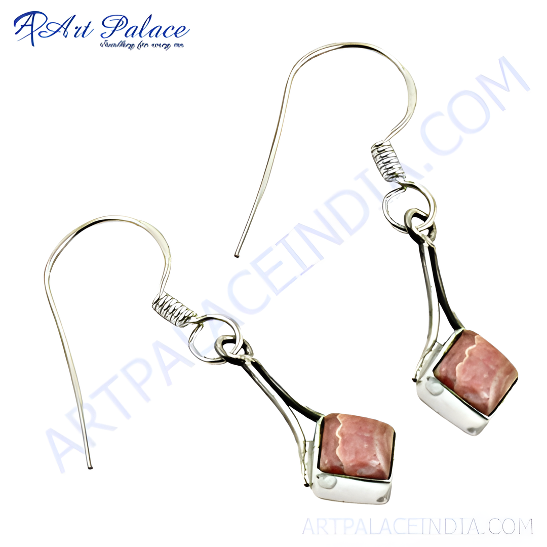 Sterling silver drop earrings with pink rhodochrosite gemstones, perfect for women.