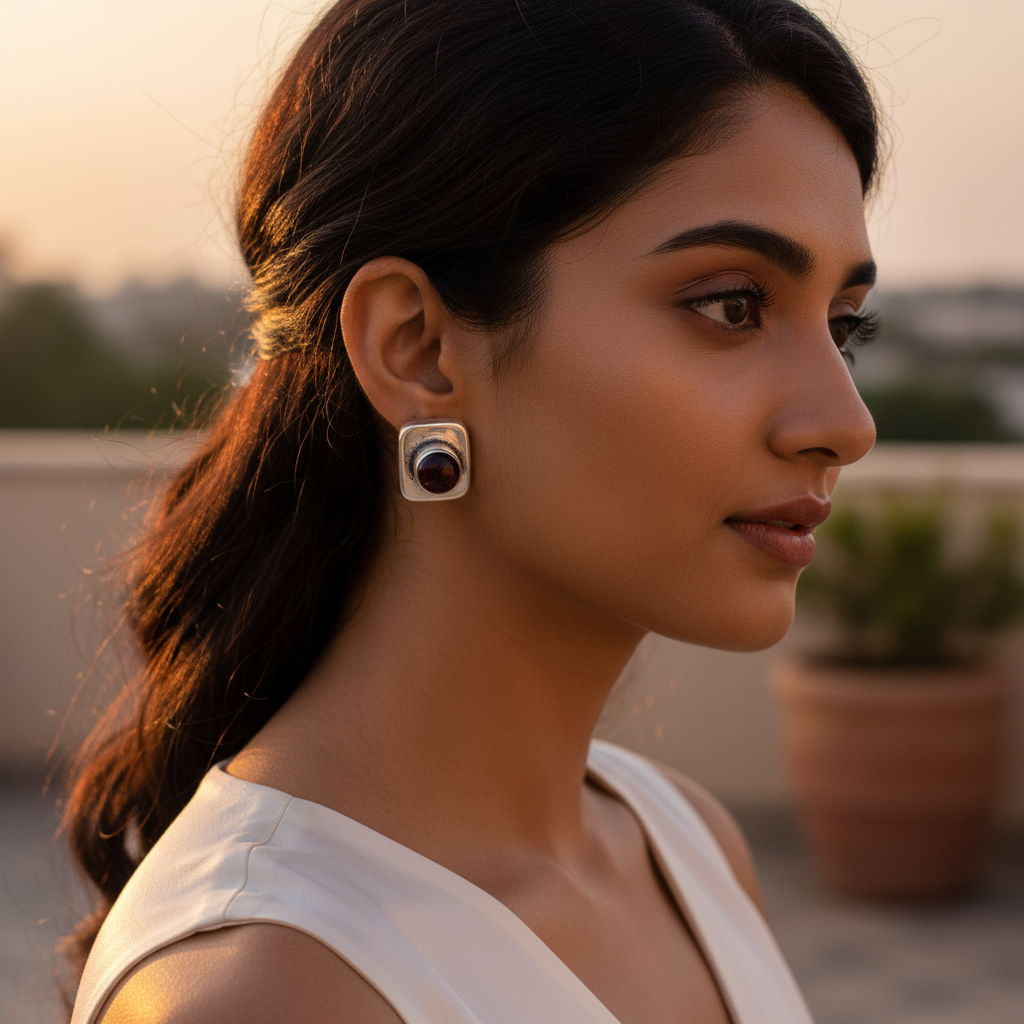 925 Sterling Silver Red Gemstone Earrings for Women | Daily Wear