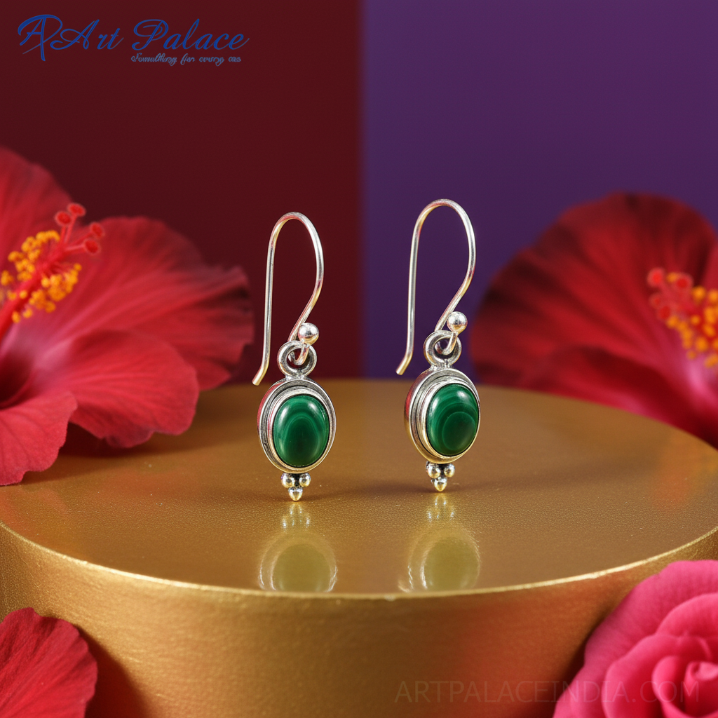 925 Silver Malachite Earrings | Oval Gemstone Earrings for Women