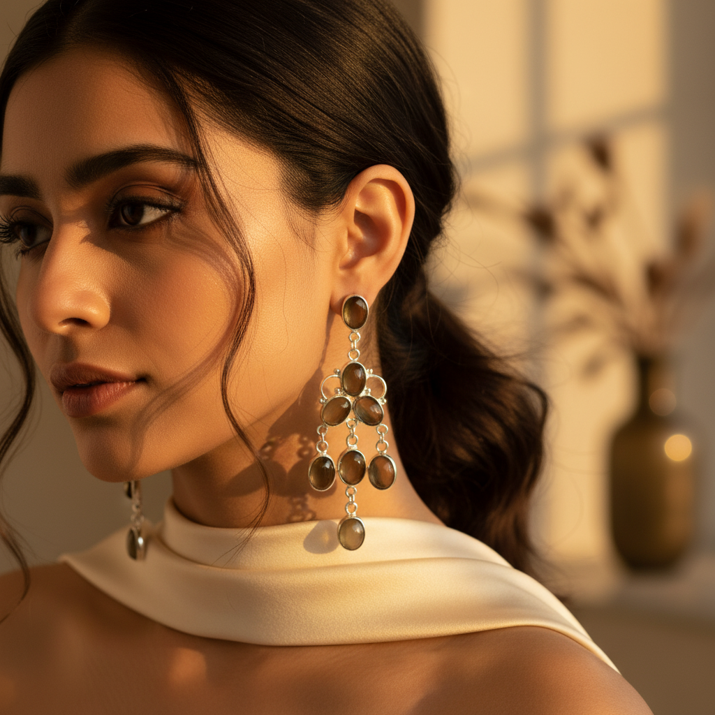 925 Silver Chandelier Earrings with Olive Gemstones for Women