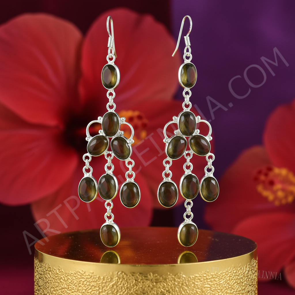 925 Silver Chandelier Earrings with Olive Gemstones for Women