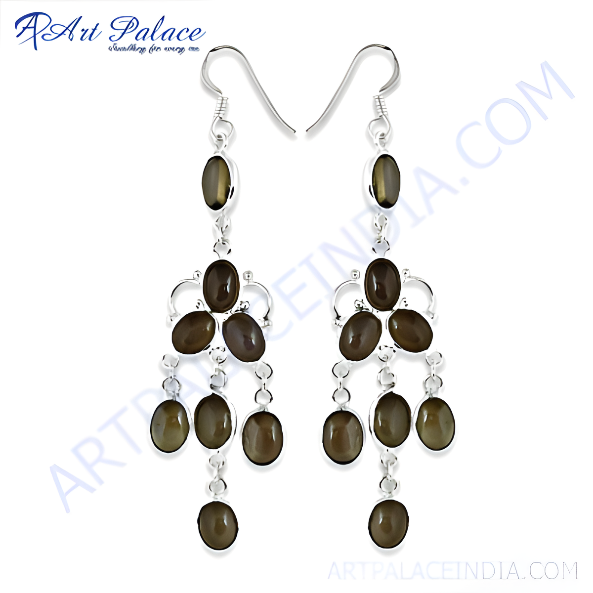 925 sterling silver chandelier earrings featuring oval olive gemstones hanging from silver chains