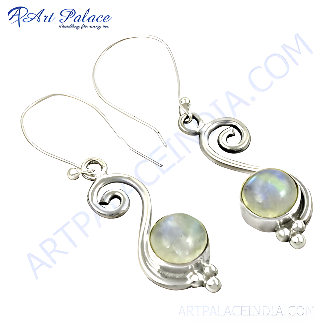 925 sterling silver moonstone dangle earrings with a swirling design, featuring a round moonstone gemstone.