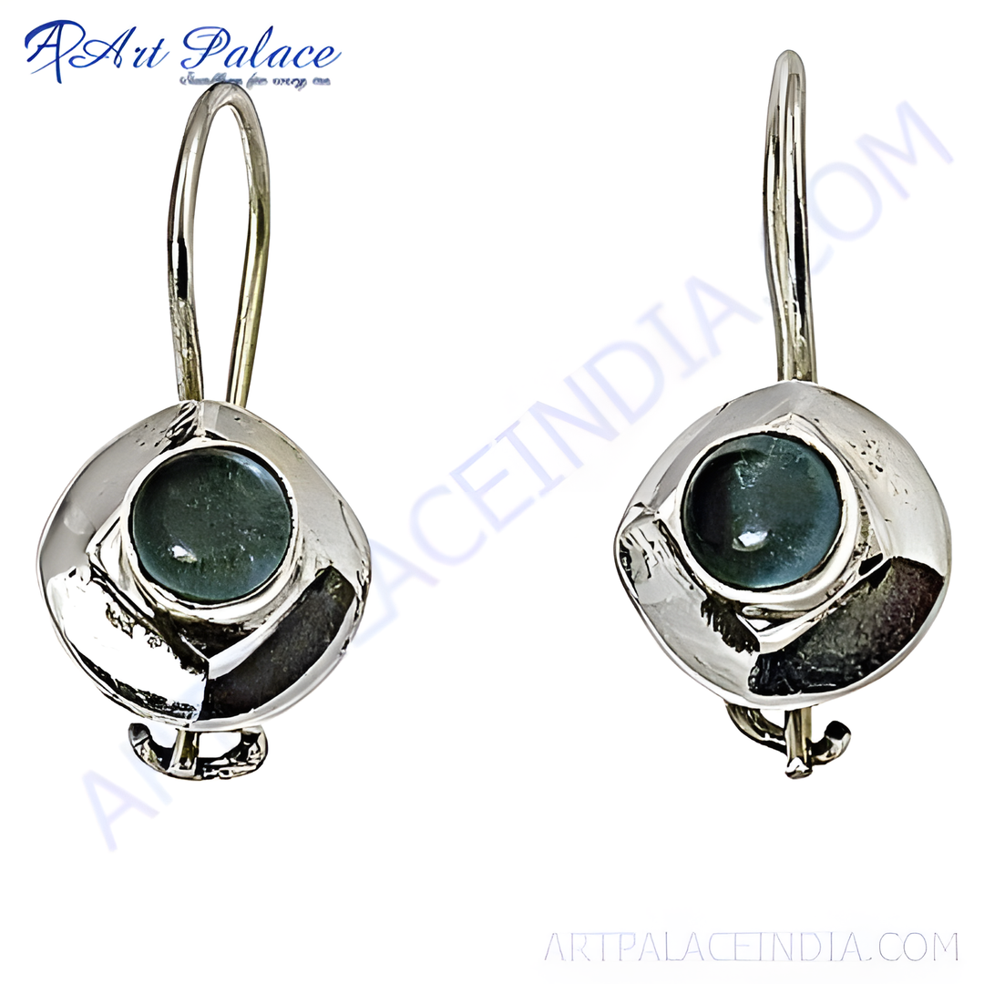 Sterling silver dangle earrings with a round emerald green stone, perfect for adding a pop of color to any look.