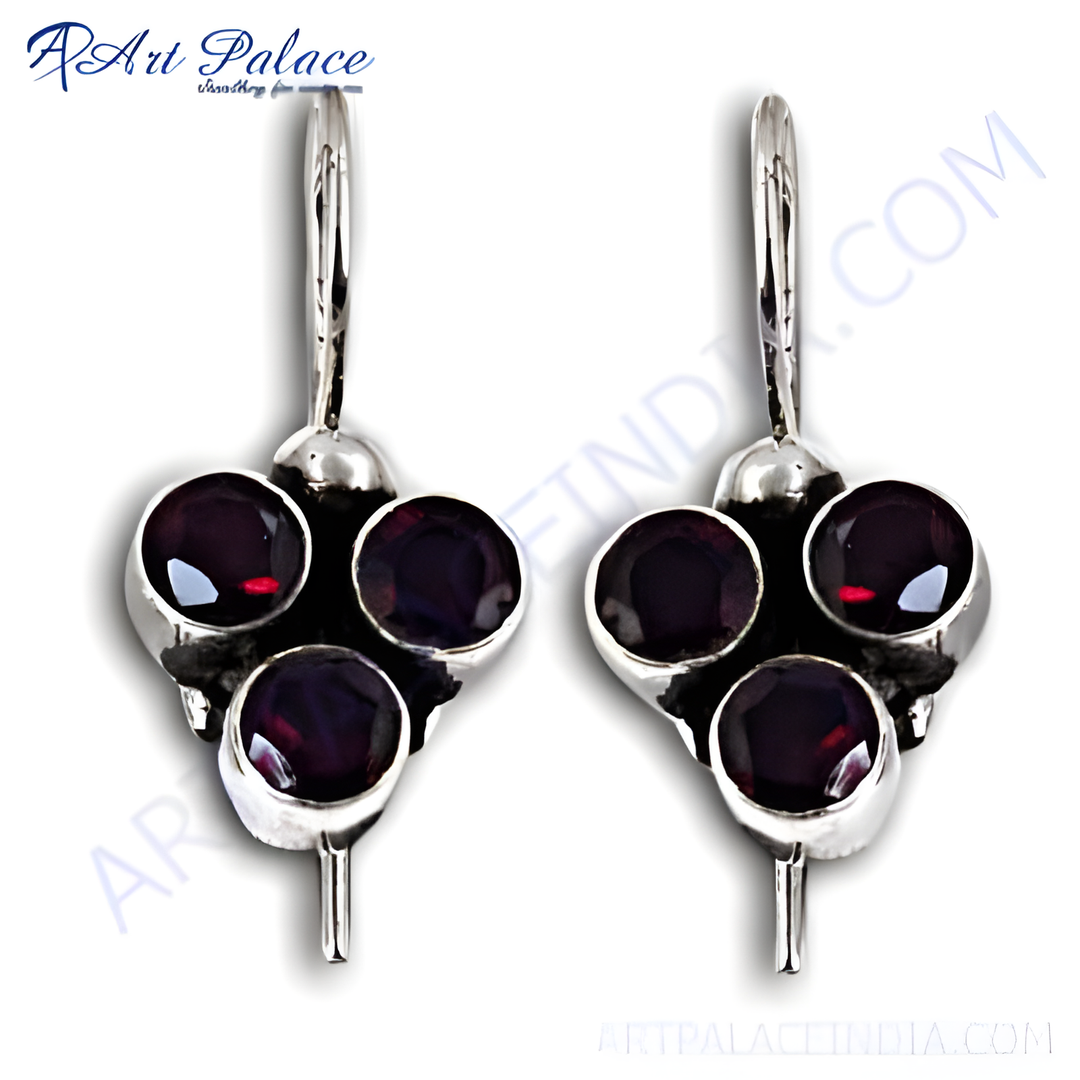 925 sterling silver drop earrings with multiple round garnet gemstones in a cluster design