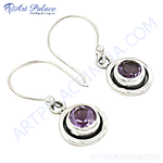 Load image into Gallery viewer, 925 sterling silver dangle earrings with round purple amethyst gemstones for women.
