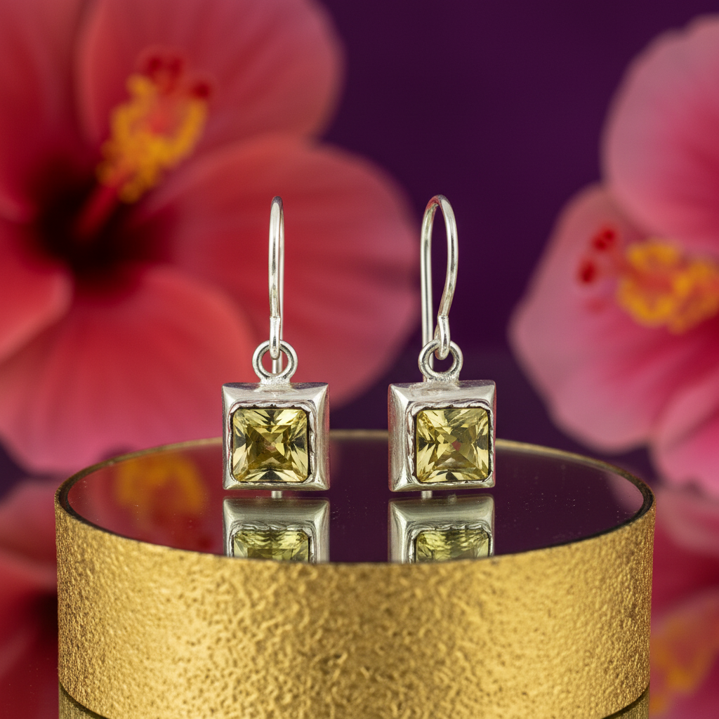 925纯银方形黄水晶水滴耳环 | 女士珠宝礼品