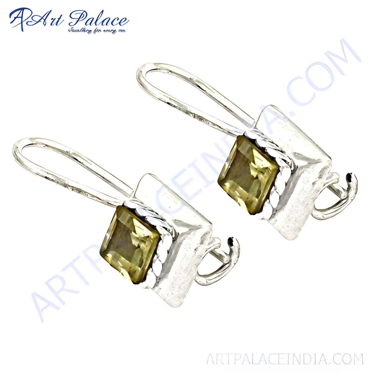 925 sterling silver drop earrings with square citrine gemstone, yellow, for women