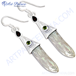 Load image into Gallery viewer, 925 sterling silver drop earrings with white pearl and green gemstone accents.
