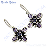 Load image into Gallery viewer, 925 sterling silver drop earrings with oval and round purple amethyst gemstones

