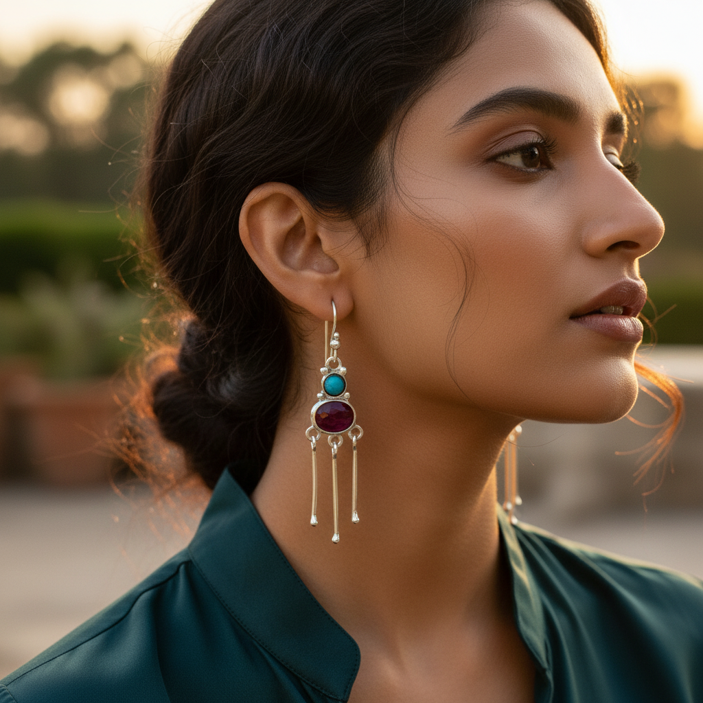 925 Silver Turquoise & Ruby Drop Earrings | Women's Jewelry Gift