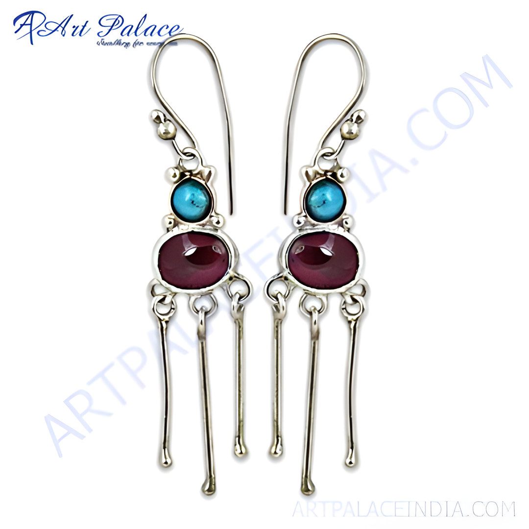 925 sterling silver drop earrings with turquoise and ruby gemstones, perfect for women.