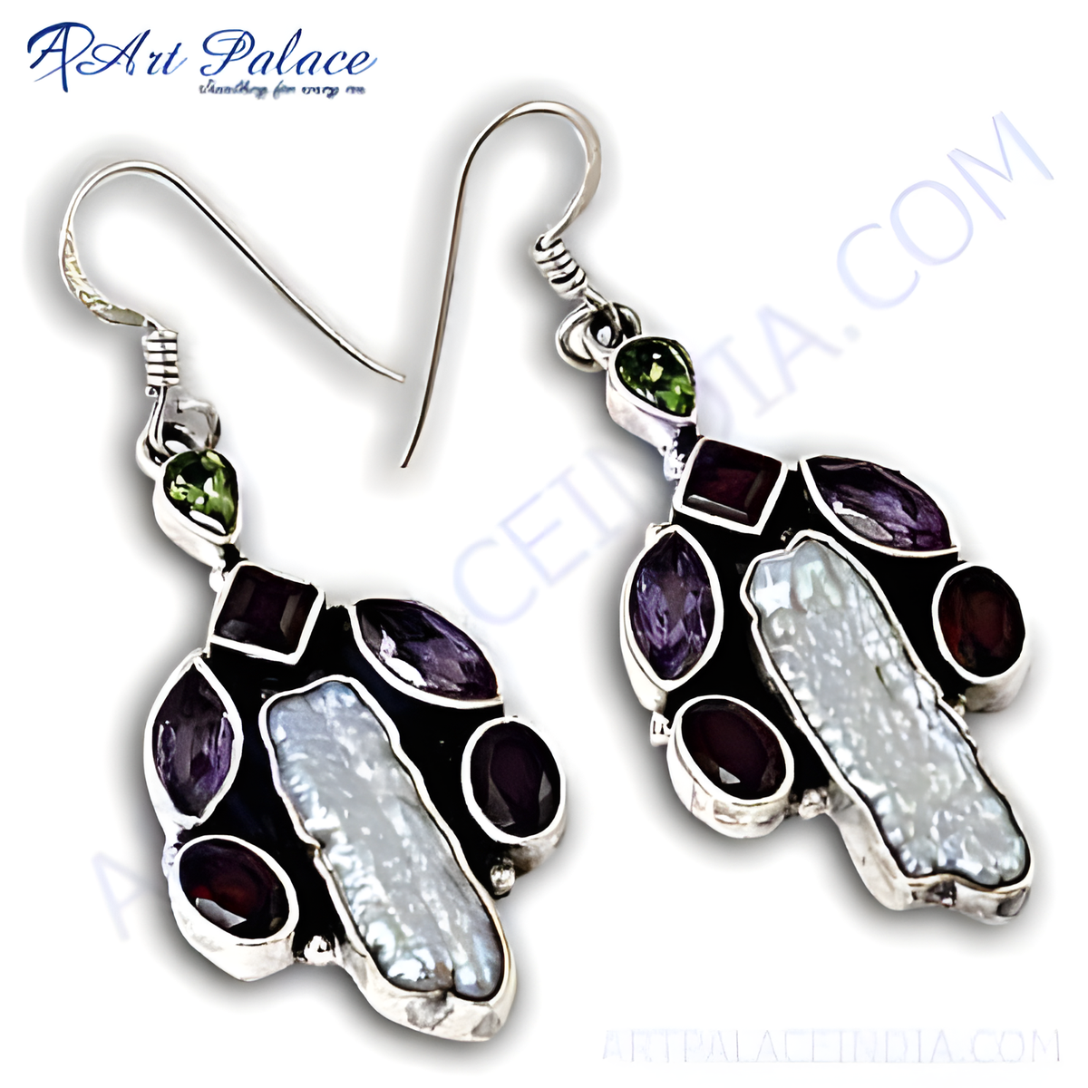 Sterling silver drop earrings featuring amethyst, peridot, and freshwater pearl gemstones