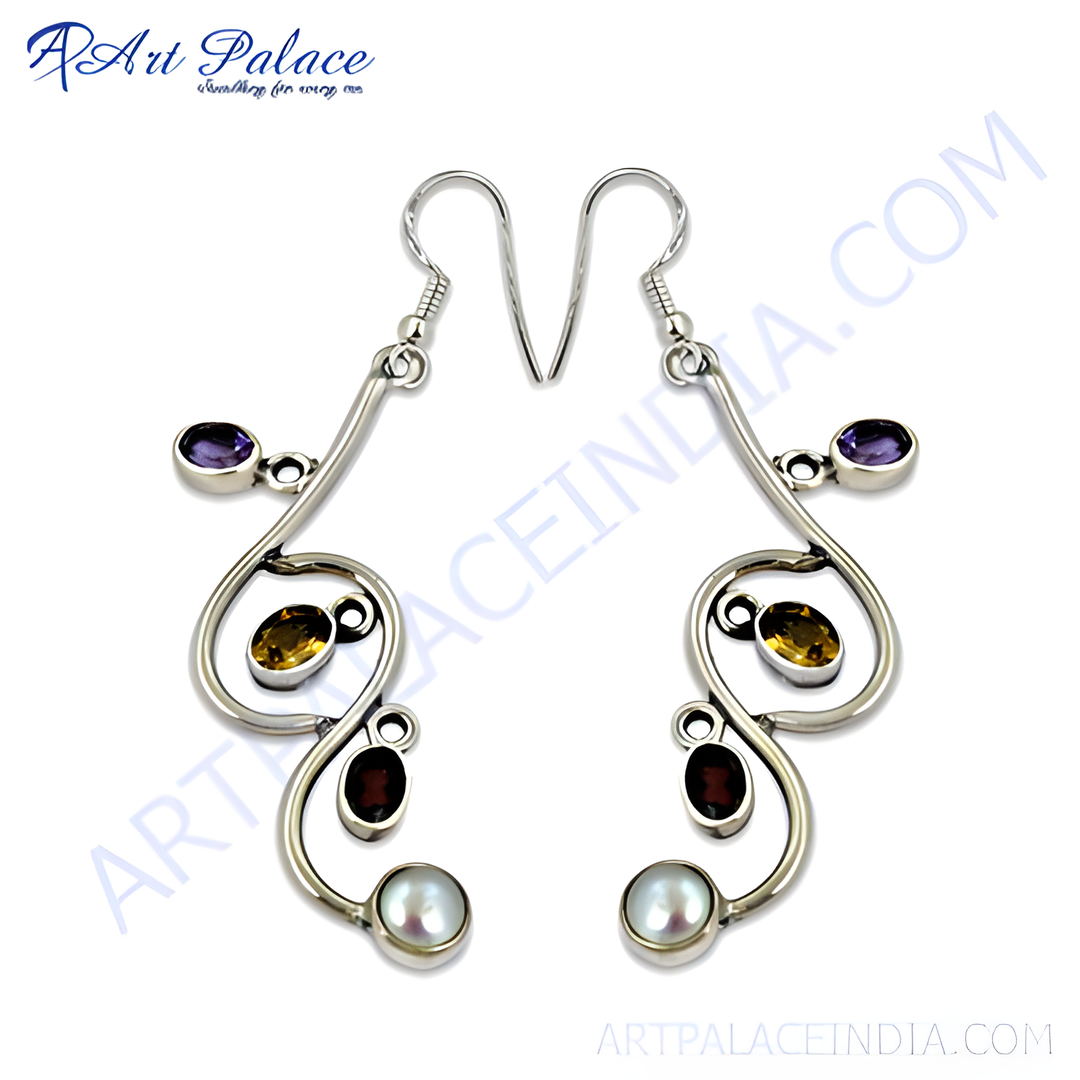 925 sterling silver dangle earrings with amethyst, citrine, garnet, and pearl gemstones.