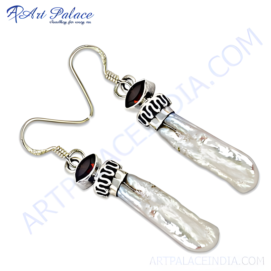 925 sterling silver dangle earrings with freshwater pearls and red garnet stones, for women
