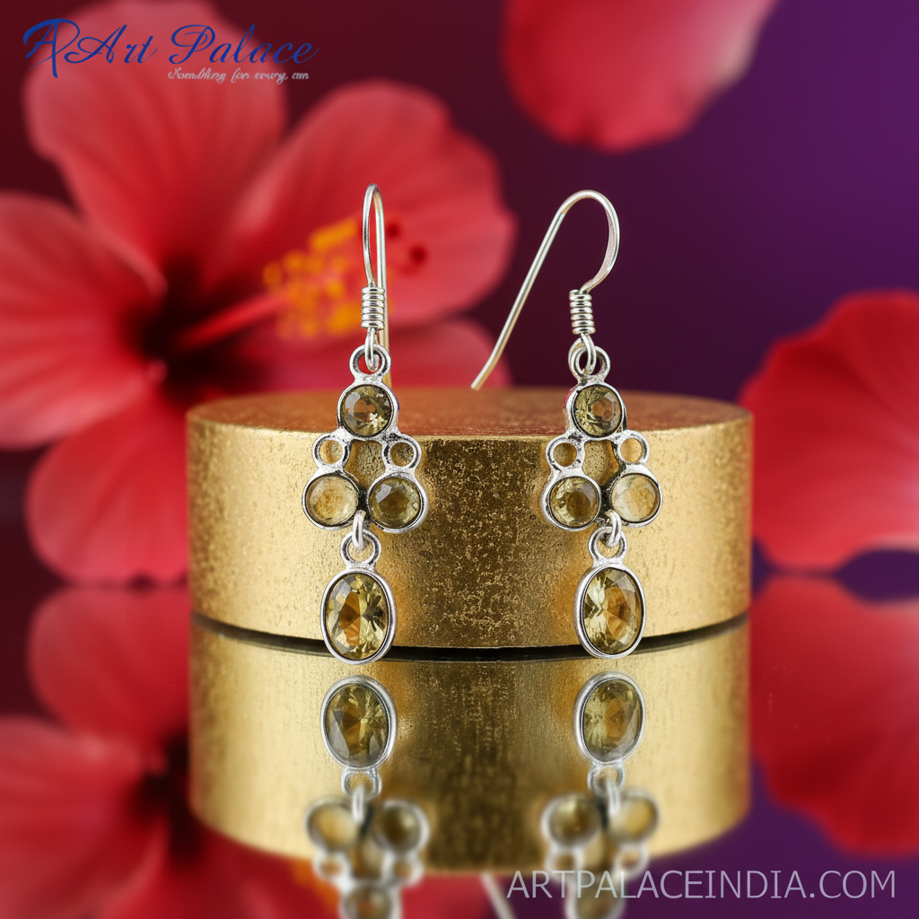 925纯银黄水晶水滴耳环（女士款）| 宝石首饰