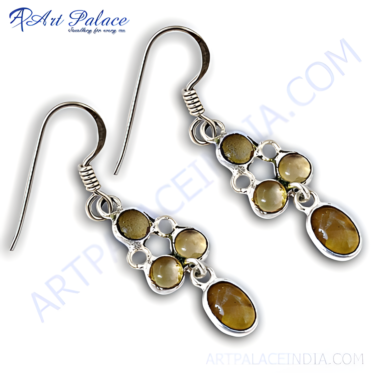 925 sterling silver drop earrings with yellow citrine gemstones in a cluster and a single oval drop