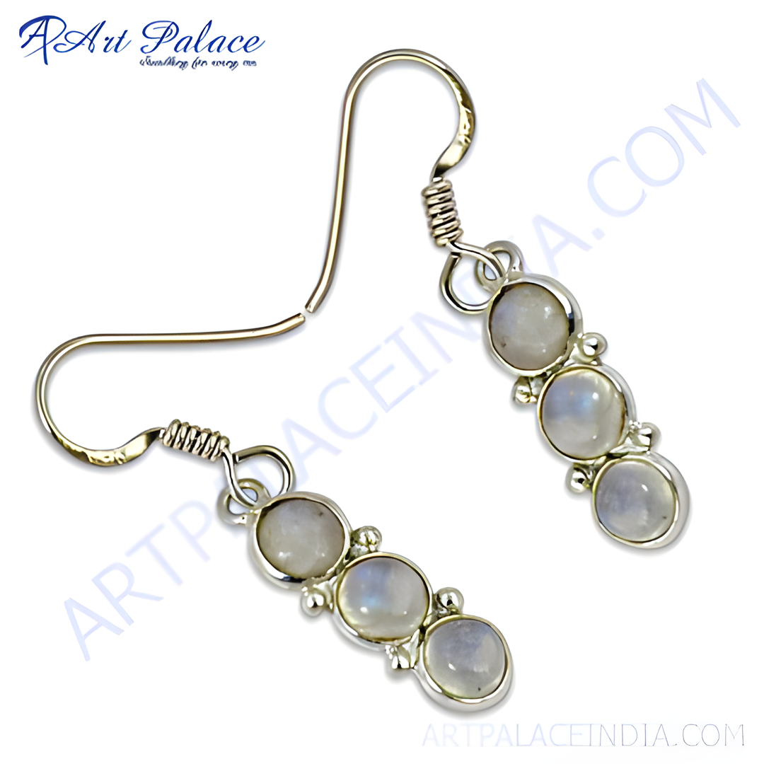 925 sterling silver drop earrings featuring three round moonstone gemstones with a hook closure.