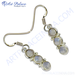 Load image into Gallery viewer, 925 sterling silver drop earrings featuring three round moonstone gemstones with a hook closure.
