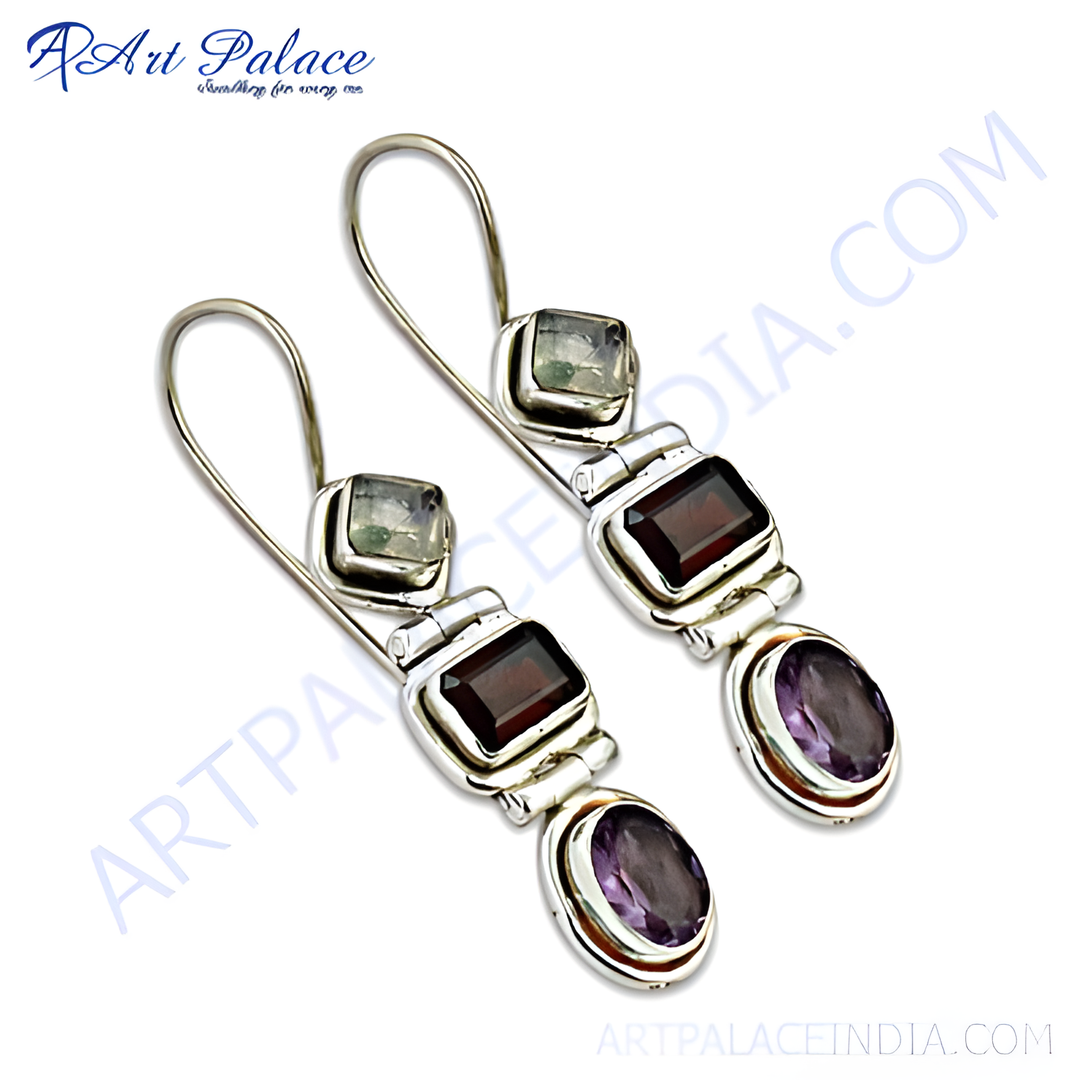 Sterling silver dangle earrings with amethyst and square cut gemstones. Elegant women's jewelry.