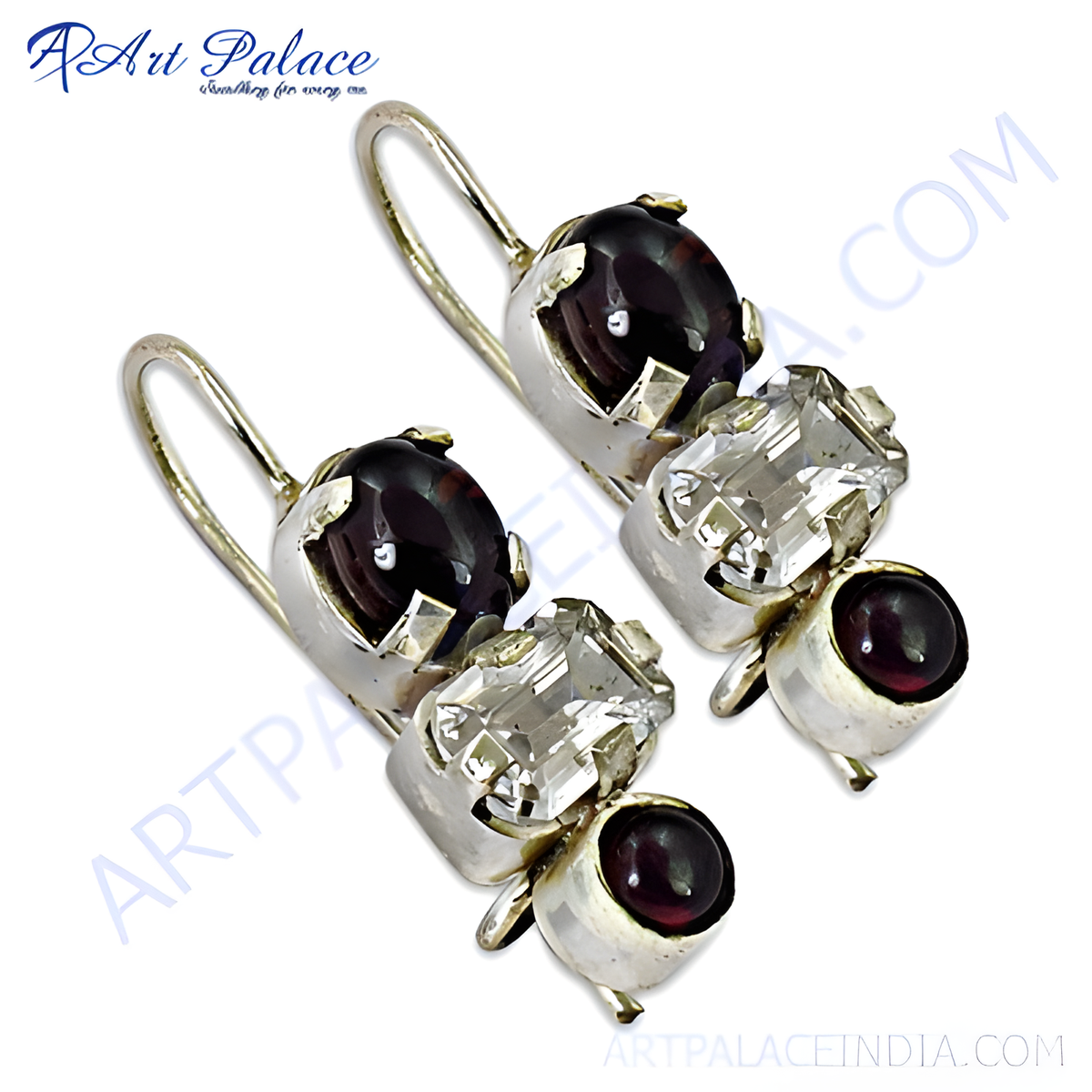 Sterling silver dangle earrings with garnet and clear crystal gemstones, a classic and elegant design