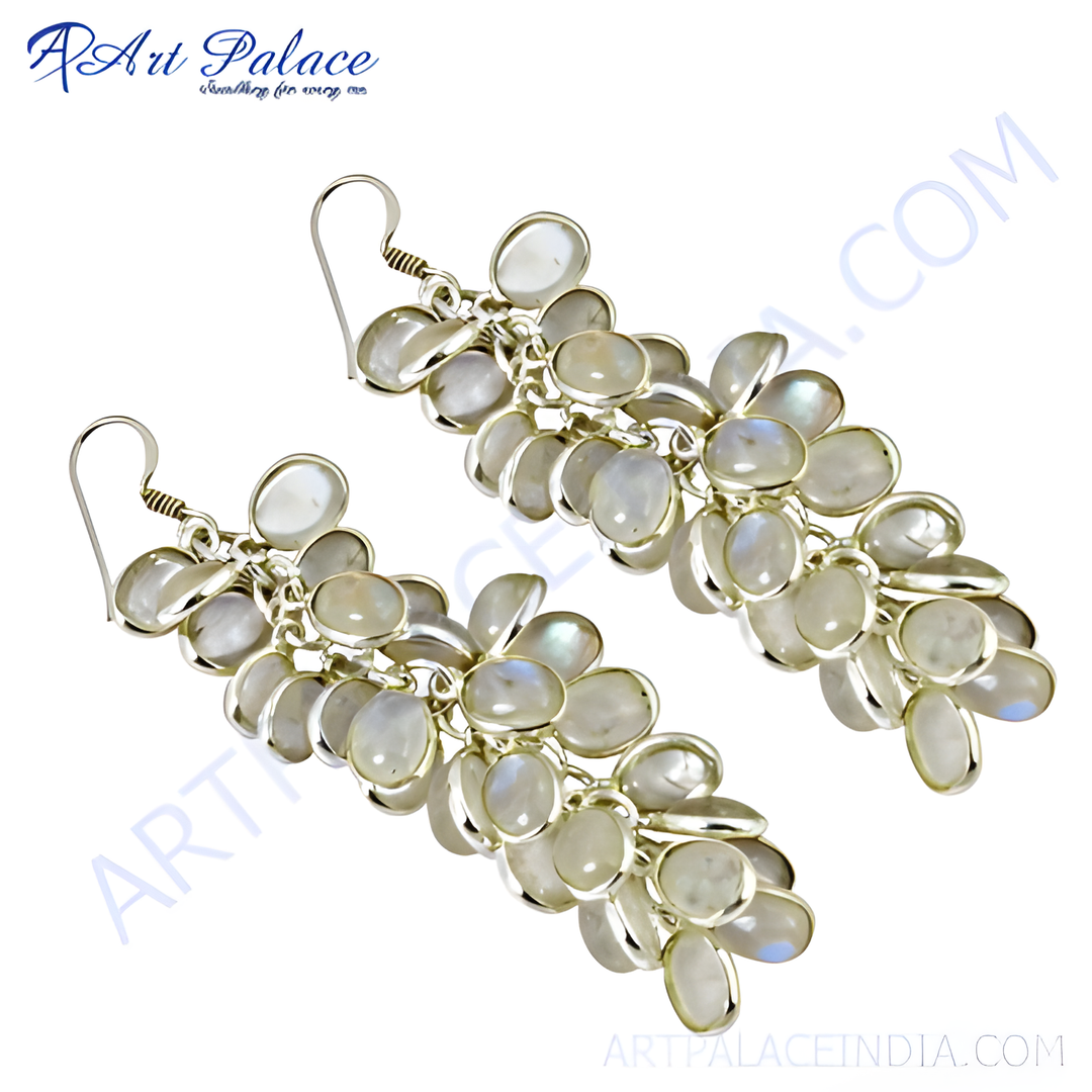 925 sterling silver dangle earrings with clustered moonstone gemstones. White background.