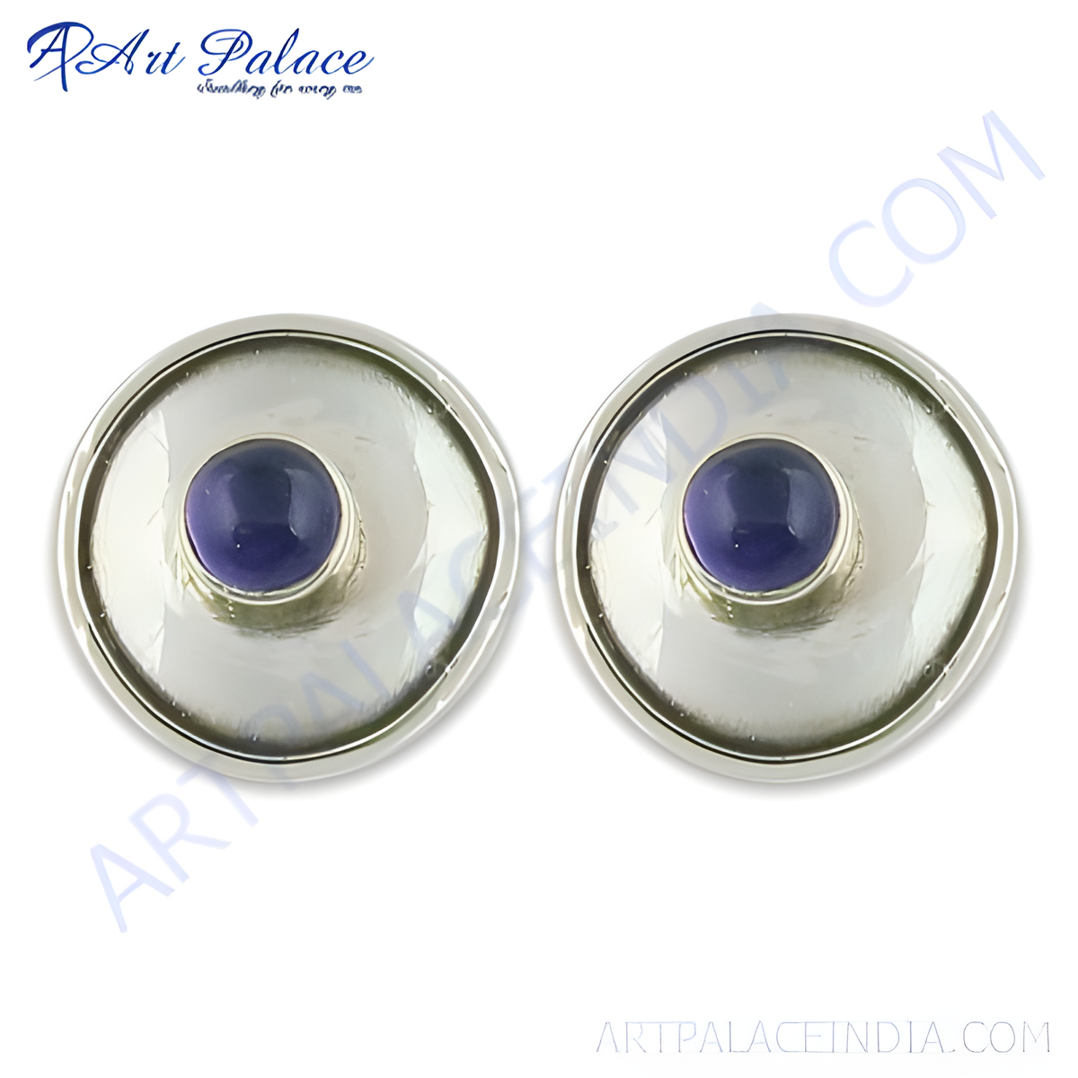 925 silver round stud earrings with a vibrant blue gemstone in the center, for women