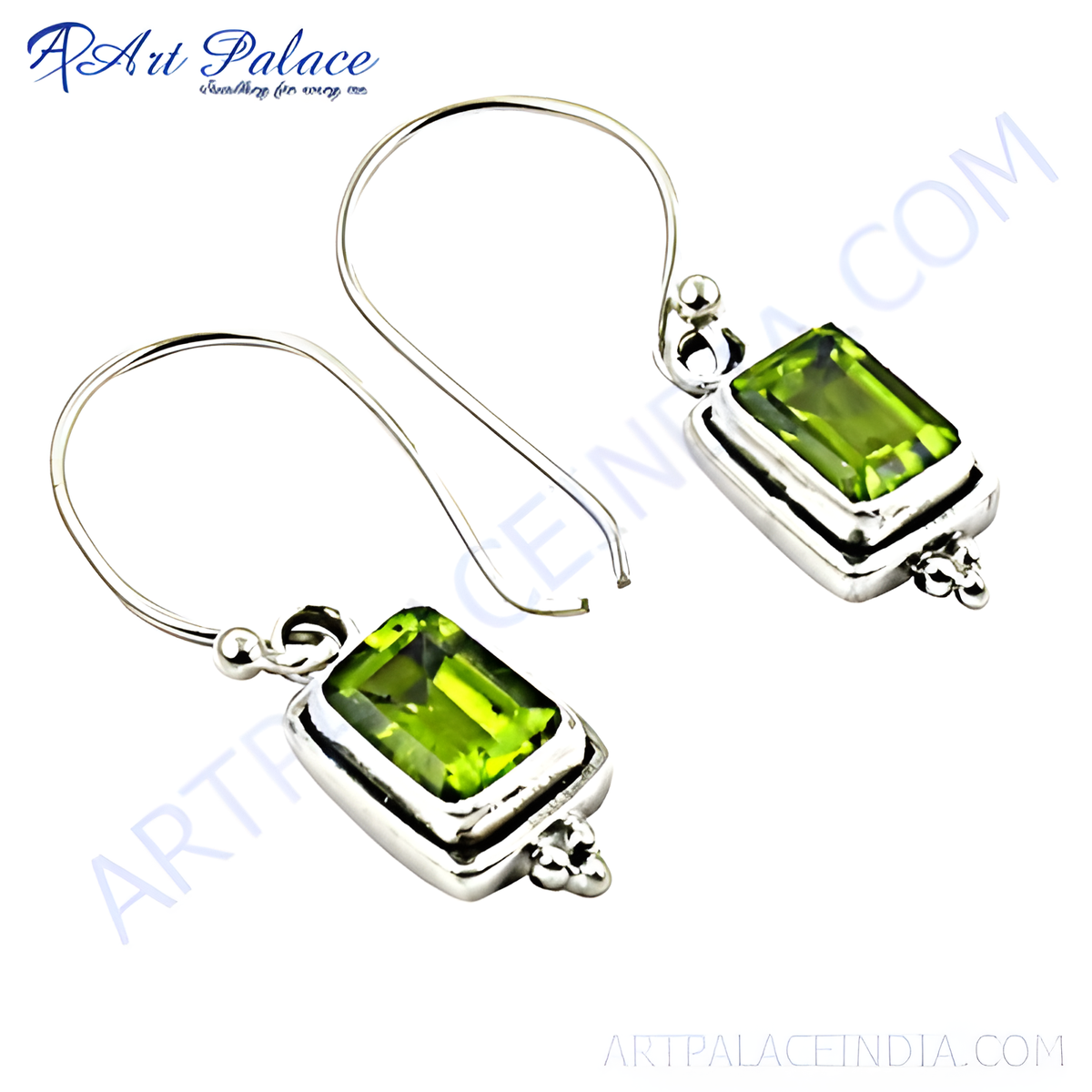 925 sterling silver dangle earrings with rectangular green peridot gemstones