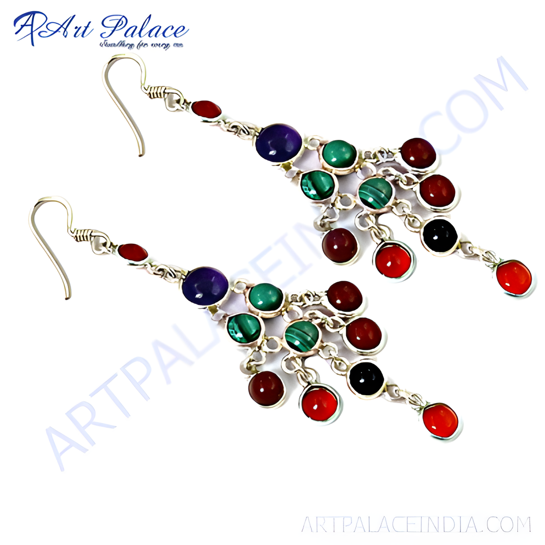 925 sterling silver dangle earrings with red, green, black and blue gemstones.