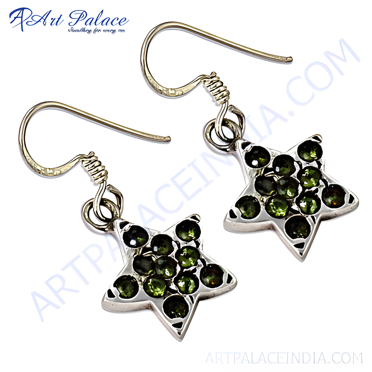 Sterling silver dangle earrings with green gemstone star design, ideal for women's jewelry gifts