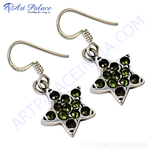 Load image into Gallery viewer, Sterling silver dangle earrings with green gemstone star design, ideal for women's jewelry gifts.
