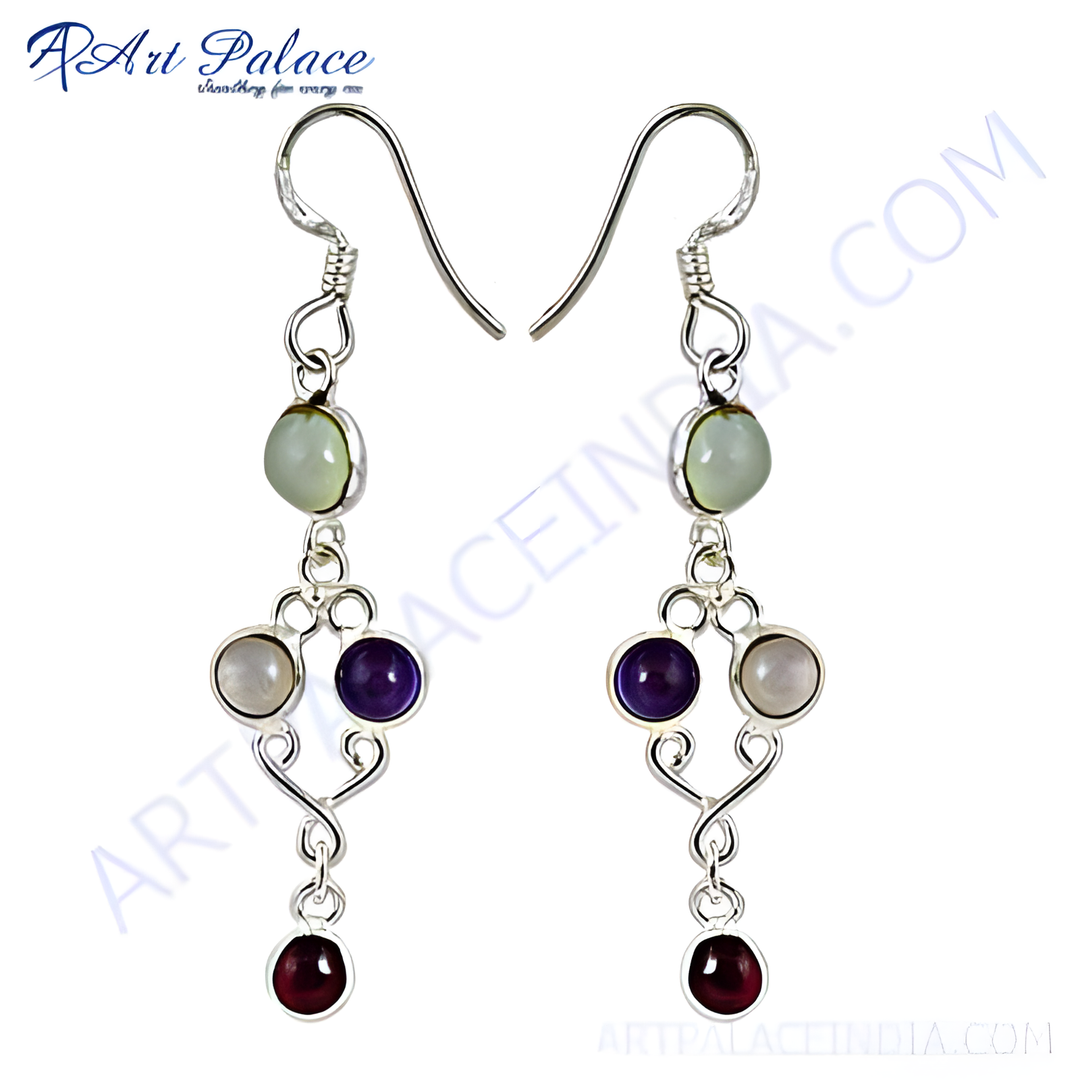 Sterling silver drop earrings featuring green, white, purple, and red gemstones for women.